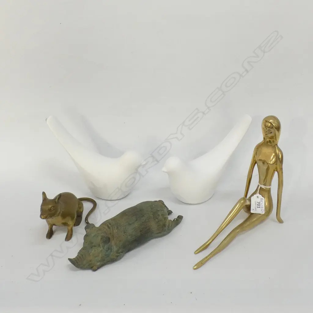PR CERAMIC BIRDS + BRASS LADY & MOUSE + BRONZE PIG L.230mm Image 1++