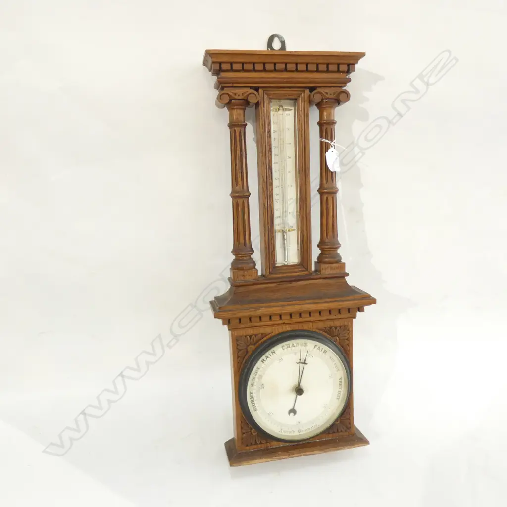 EDWARDIAN BAROMETER & THERMOMETER IN CARVED OAK SURROUND L 600MM Image 1++