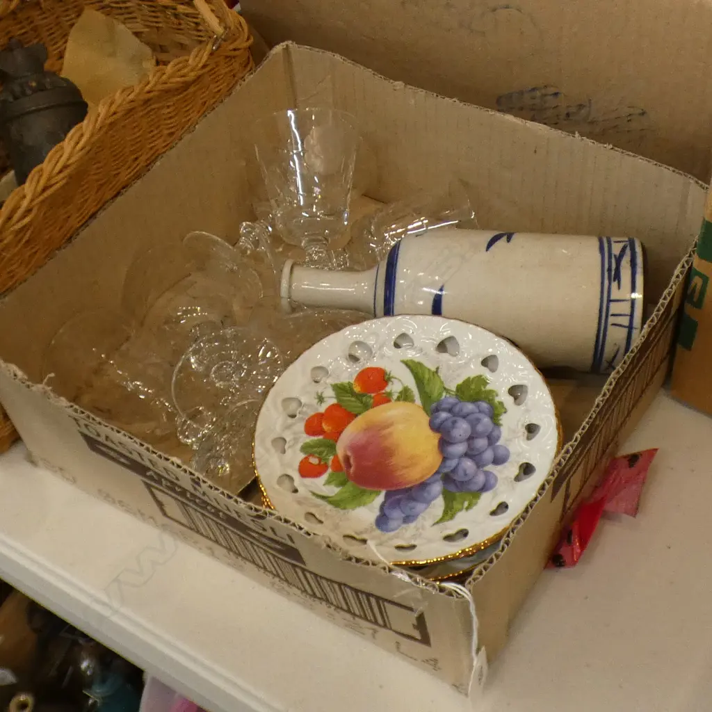 BOX ASST - CRYSTAL WINE GLASSES / FRUIT PLATES & STONEWARE BOTTLE  Image 1++