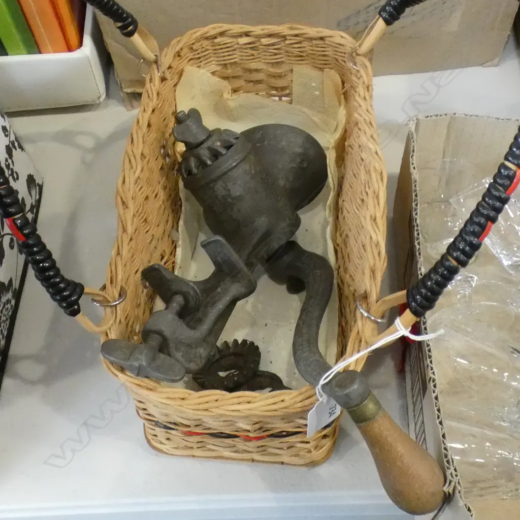 OLD BASKET W VINTAGE CAST IRON MEAT MINCER Image 1++