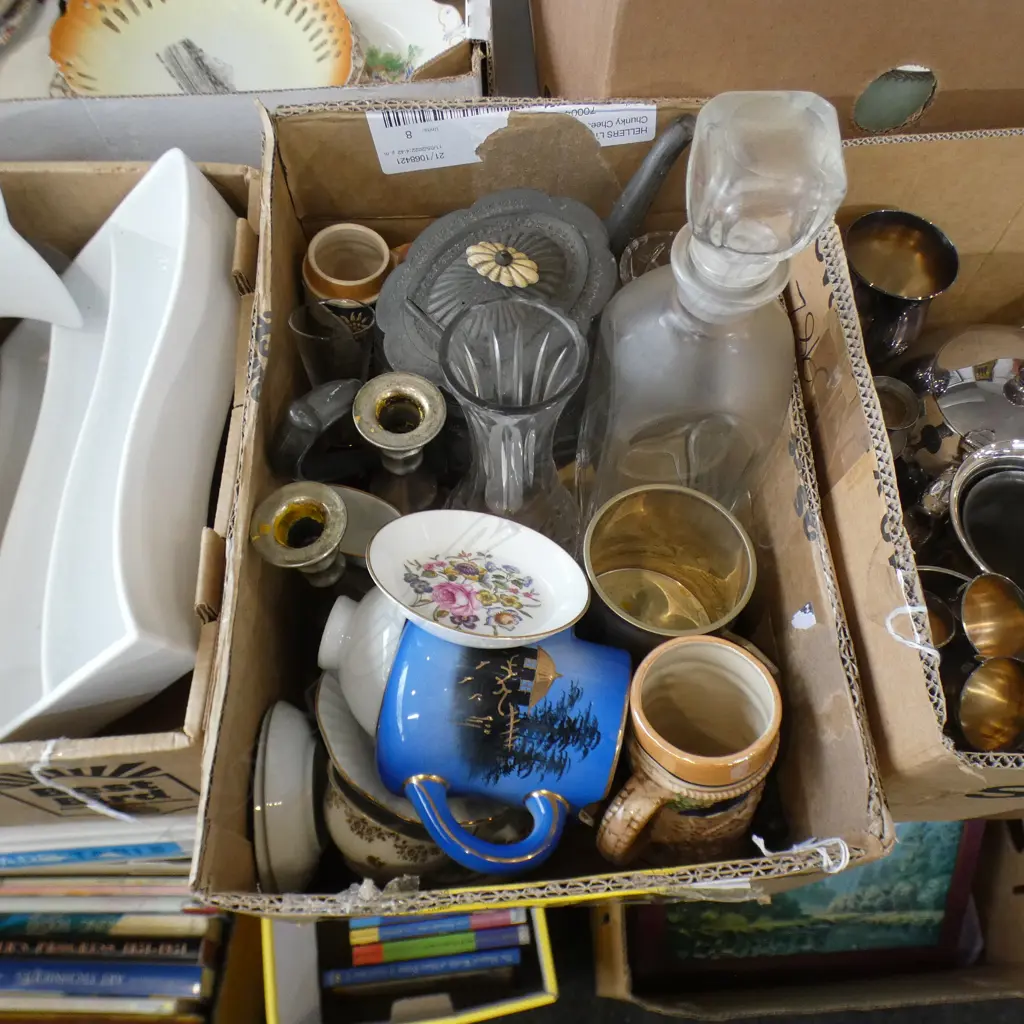 BOX ASST - DECANTER / STEINS / CRYSTAL VASE / CANDLESTICKS ETC. Image 1++