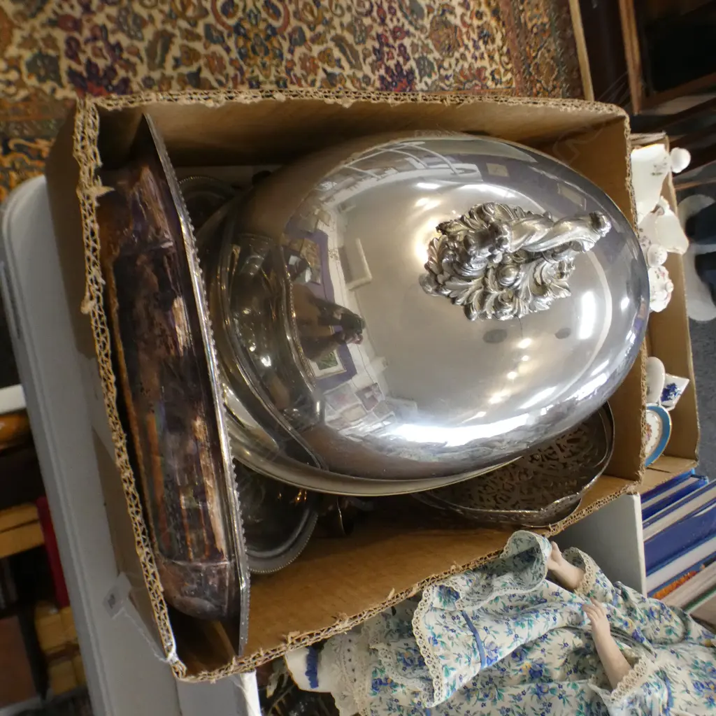 BOX LOT ASST SILVER PLATE TUREENS ETC. Image 1++