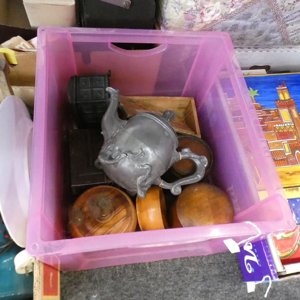 CRATE OF OLD TREEN & PEWTER Image 1++