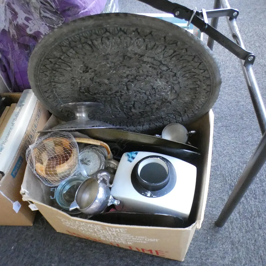 BOX LOT MISC INC. BRASS PLATES, ORIENTAL TEAPOT ETC.. Image 1++