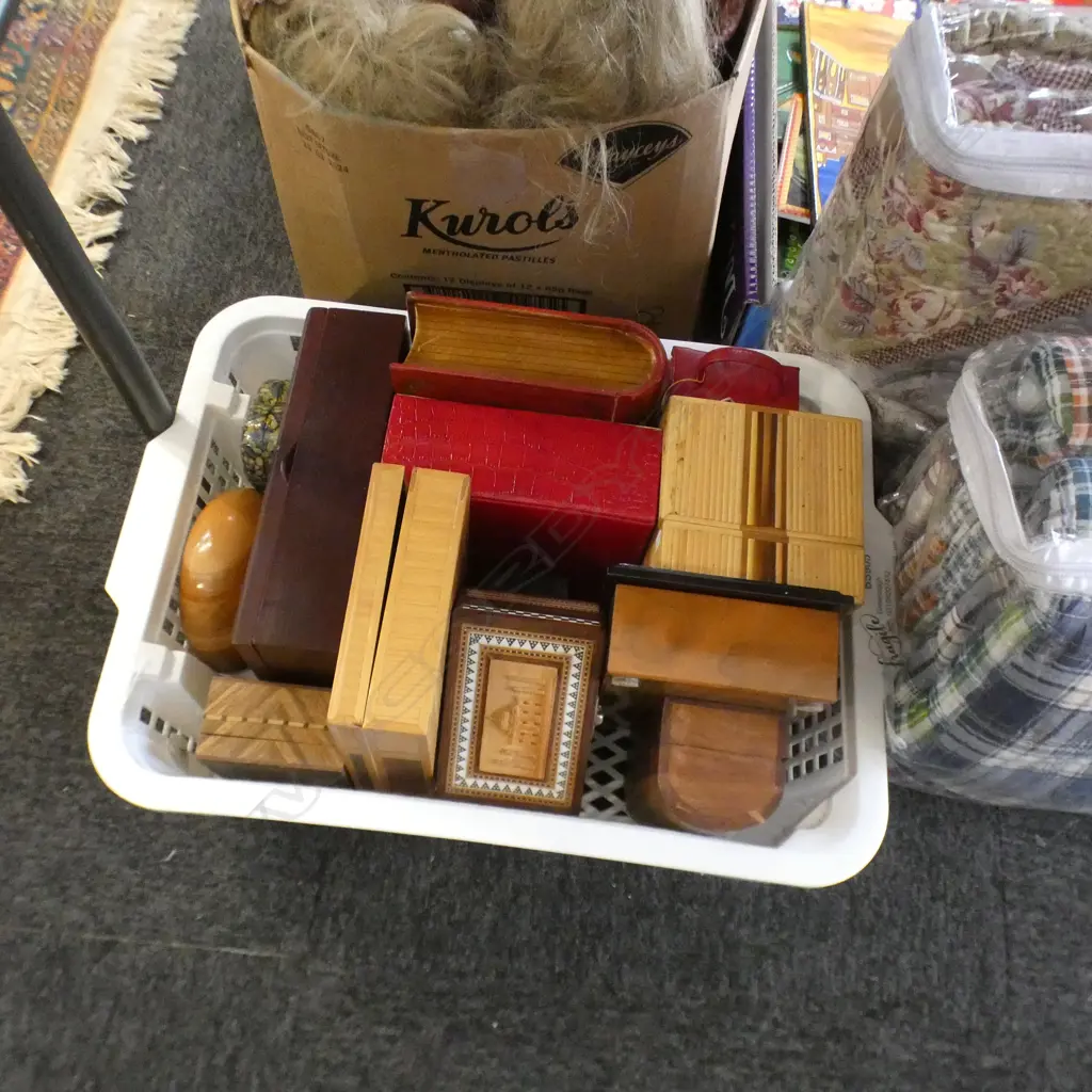 BASKET OF BOXES; WOODEN / JEWELLERY ETC.. SOME NEW  WITH TAGS Image 1++
