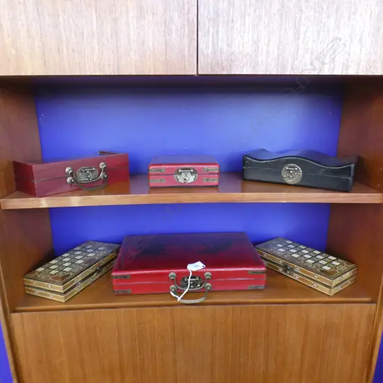 4 ASST GAMES IN LACQUER BOXES INCL MAHJONG + INLAID BOXED GAMES X2