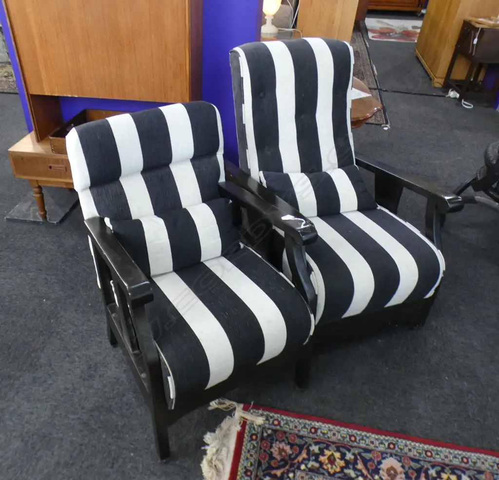 PR BLACK & WHITE STRIPED MORRIS CHAIRS - 1 ROCKER - BOTH ON CASTORS Image 1++