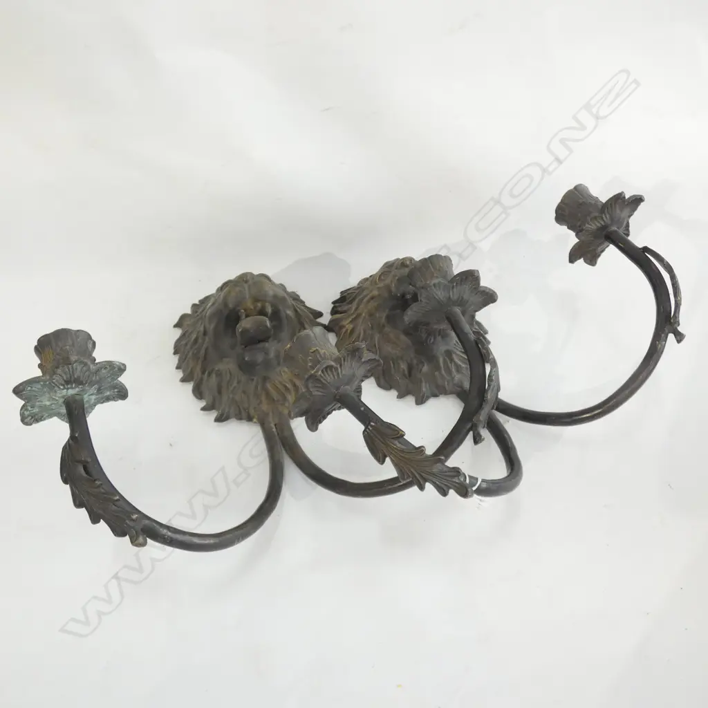 PAIR ORNATE BRONZE LION WALL SCONCES Image 1++