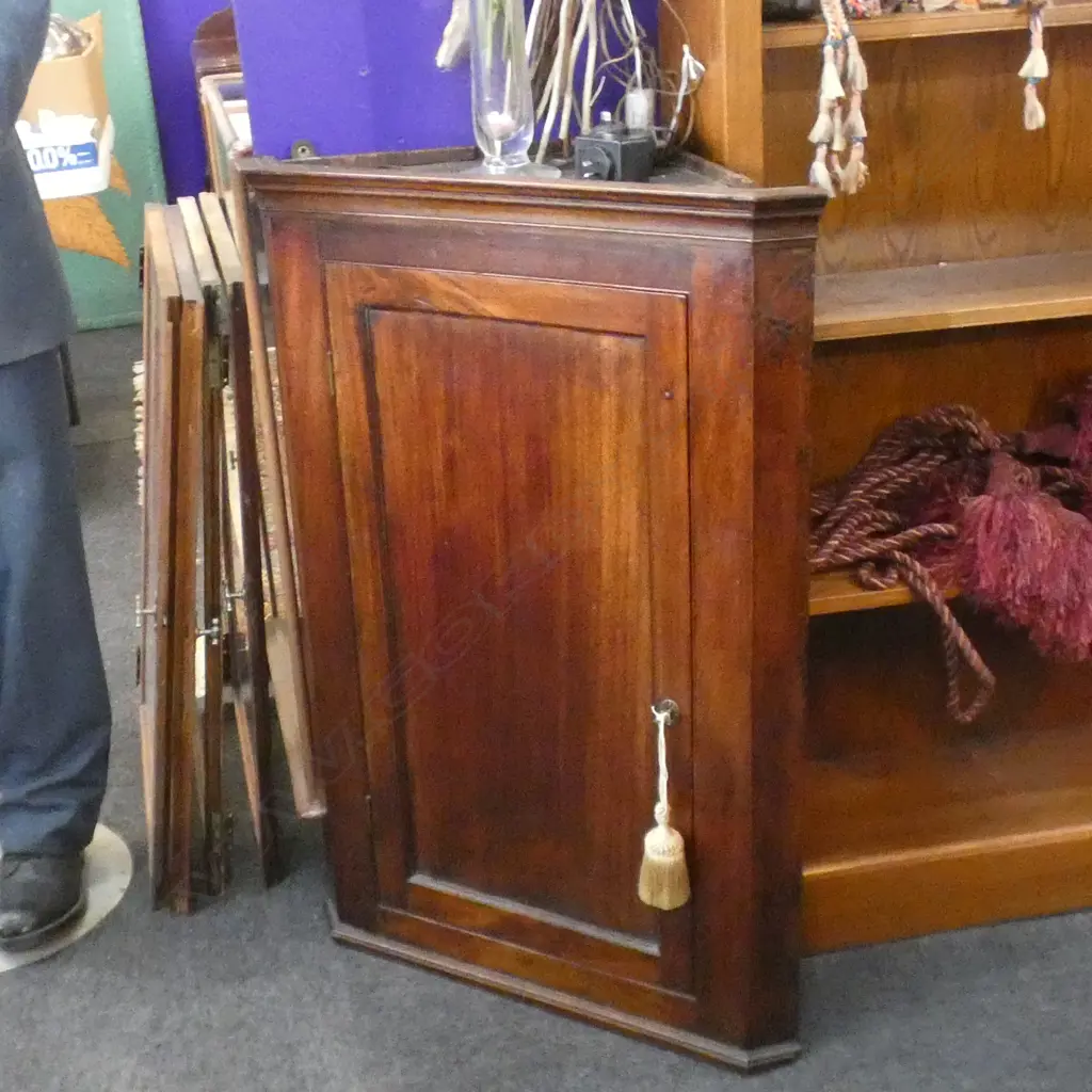 VICTORIAN OAK CORNER CABINET w SINGLE DOOR & SHAPED SHELVES. H.1000mm Image 1++
