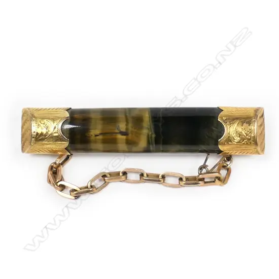 W Slaney gold and tiger eye bar brooch,