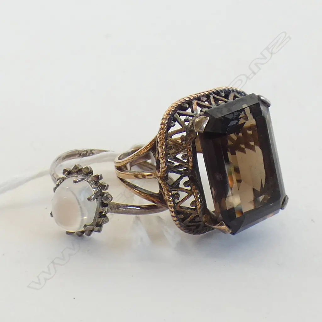 2 RINGS; STG & MOONSTONE & LG SMOKEY QUARTZ Image 1++