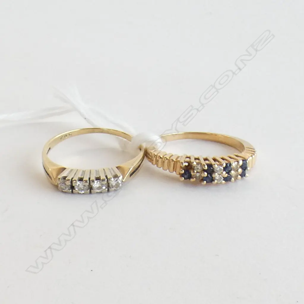 2 14K GOLD RINGS. 1 W 4 DIA'S. 1 W 6 DIA'S & 8 SAPPHIRES 1 MISSING 4GMS Image 1++