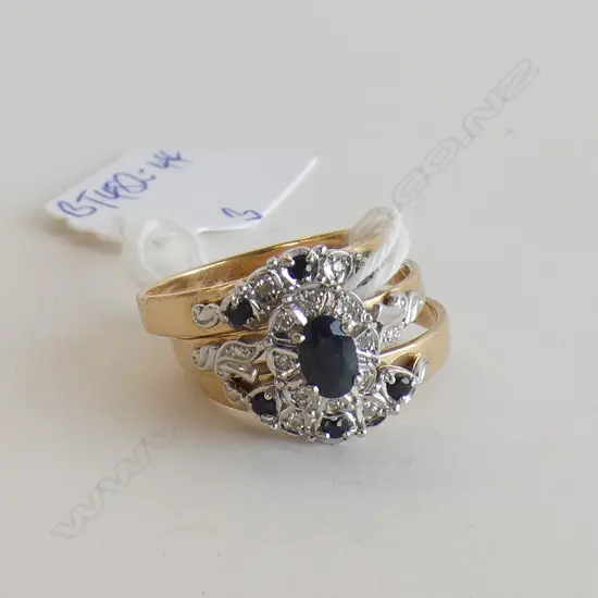 9CT  3 RING SET SAPPHIRE & DIAMOND 7.5gms