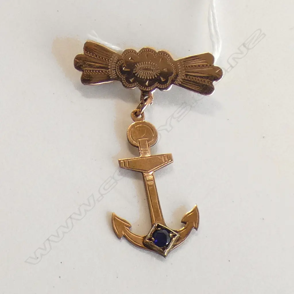 9CT EDWARDIAN ANCHOR SUSPENDED BROOCH SAPPHIRE ? 2.5gms Image 1++