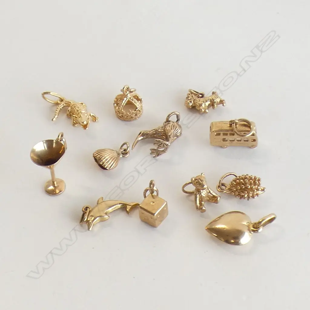 12 9CT YELLOW GOLD CHARMS 13gm. MARTINI GLASS, DOG ETC Image 1++