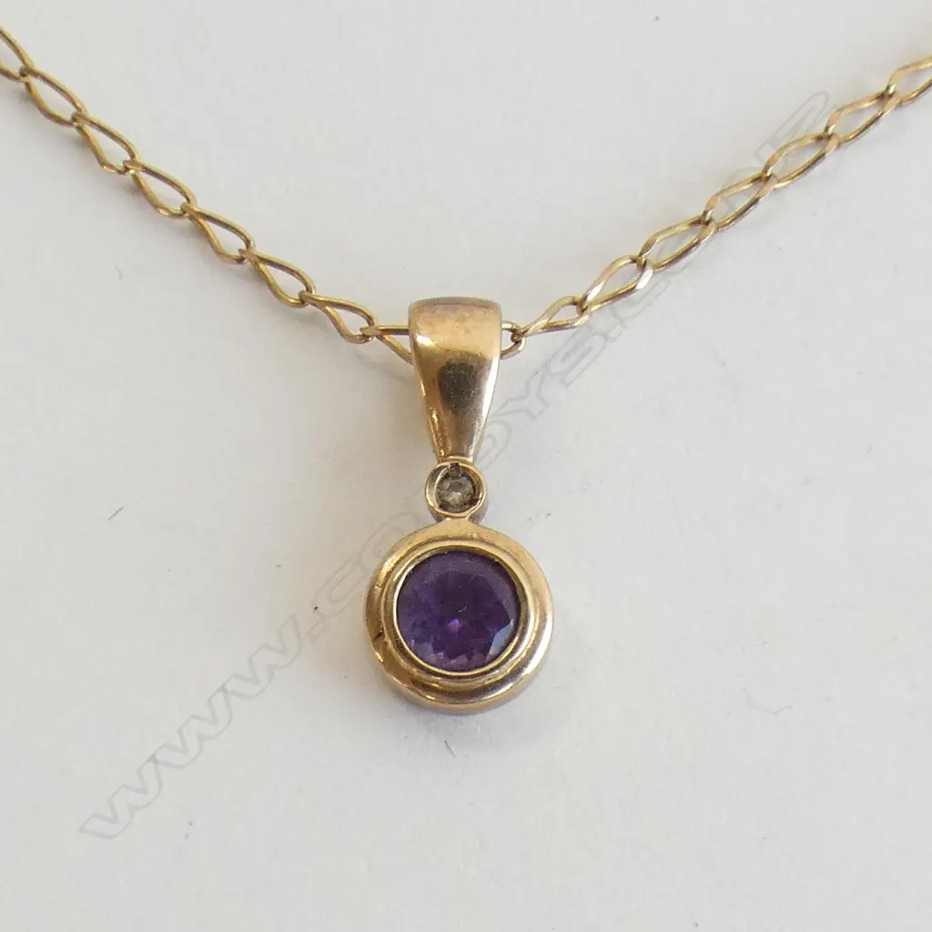 9CT AMETHYST & DIAMOND PENDANT ON 9CT CHAIN Image 1++