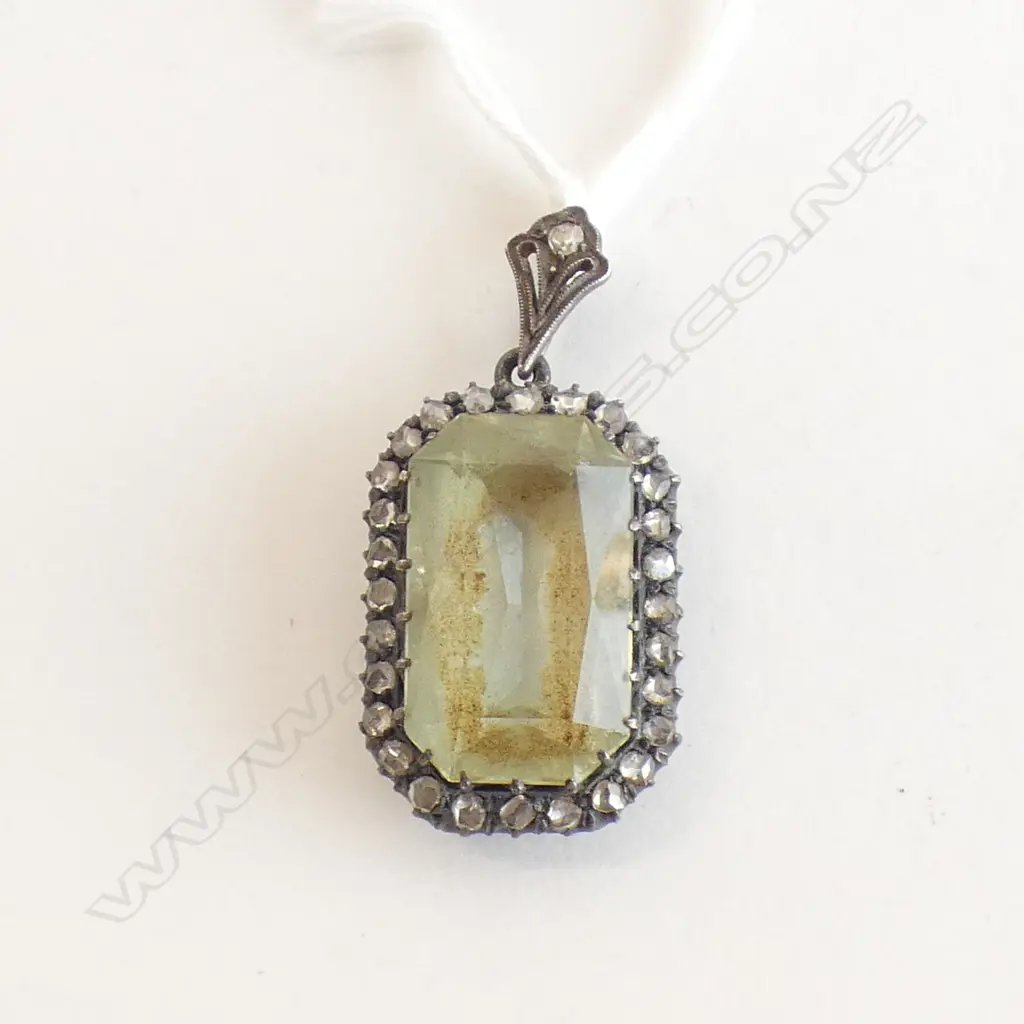 OLD GOLD/SILVER DIAMOND? RIMMED PENDANT W. LG STONE AF Image 1++