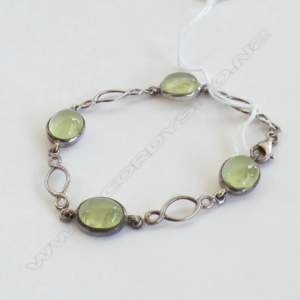 925 SILVER & GREEN MOONSTONE (?) BEAD BRACELET 11GMS Image 1++