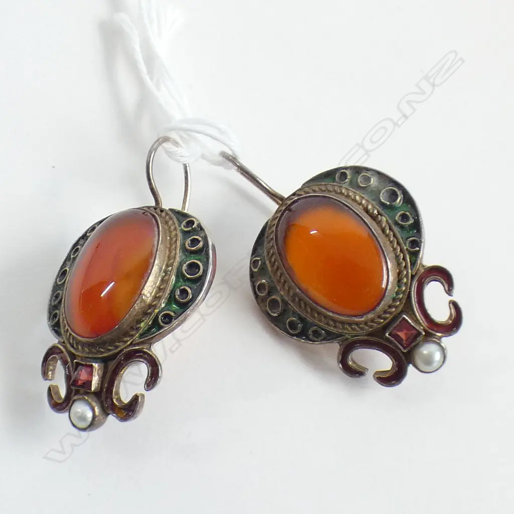 PR VINTAGE SILVER GILT, CARNELIAN, SEED PEARL, GARNET & ENAMEL EARRINGS Image 1++