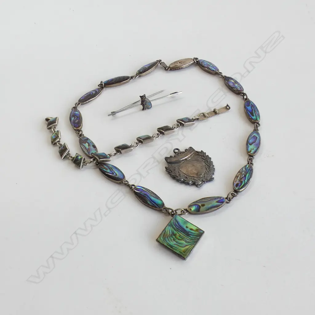 OLD STG SILVER PENDANT MEDAL / STG & PAUA BRACELET & NECKLACE & ENAMEL CAT PIN BROOCH Image 1++