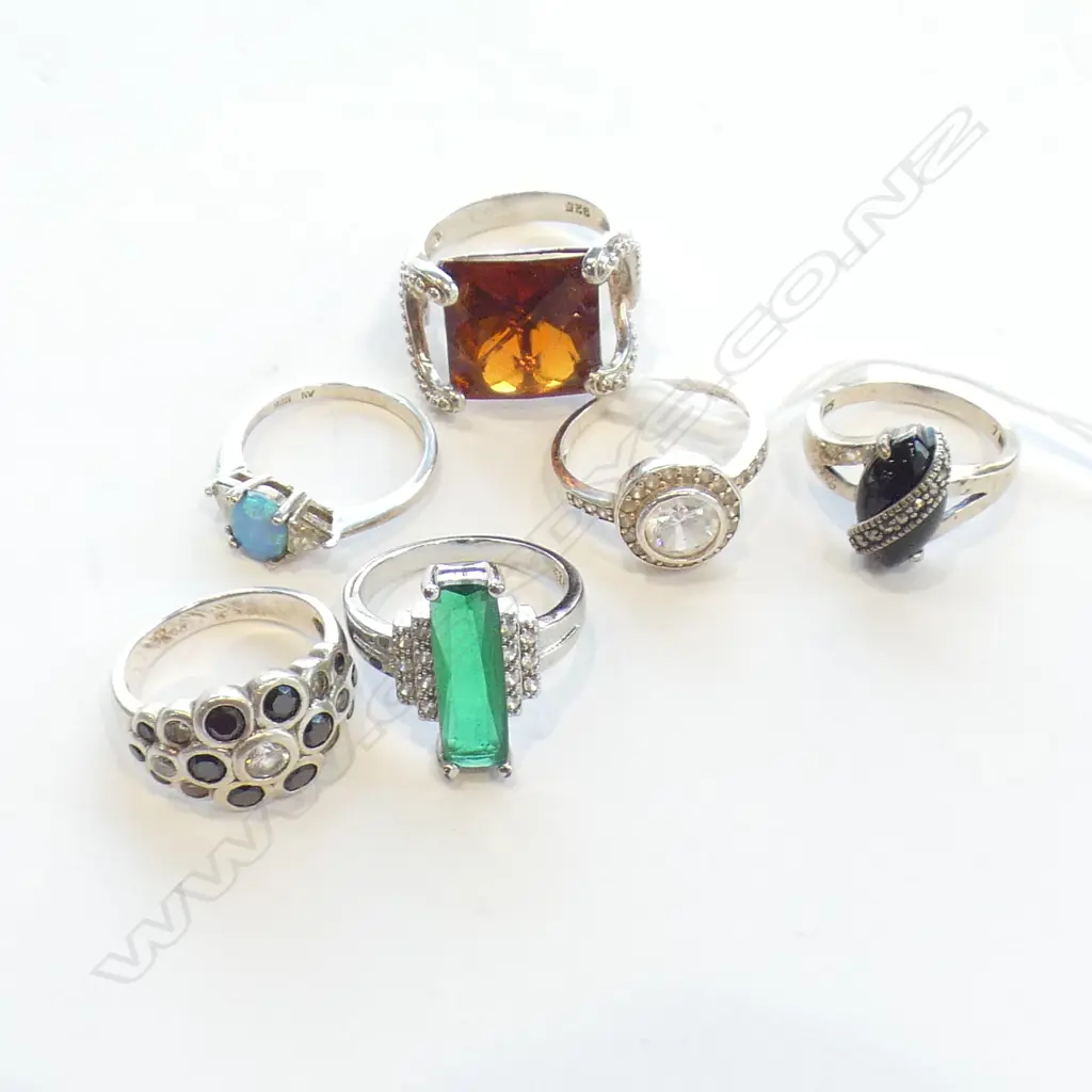 SIX ASSORTED SILVER 925 RINGS WITH STONES ETC. Image 1++