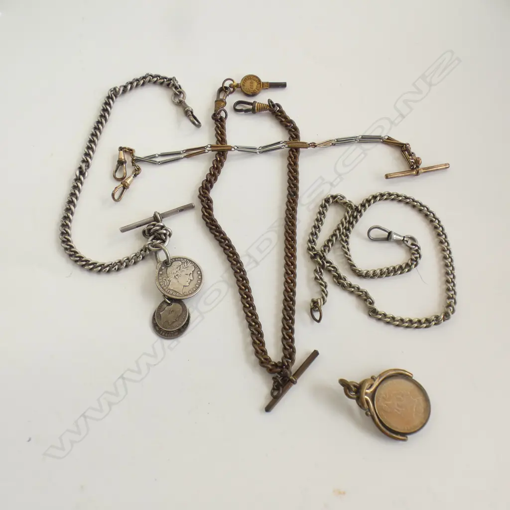 4 VARIOUS OLD FOB CHAINS SILVER GILT ETC + FOB 1825 SHILLING Image 1++