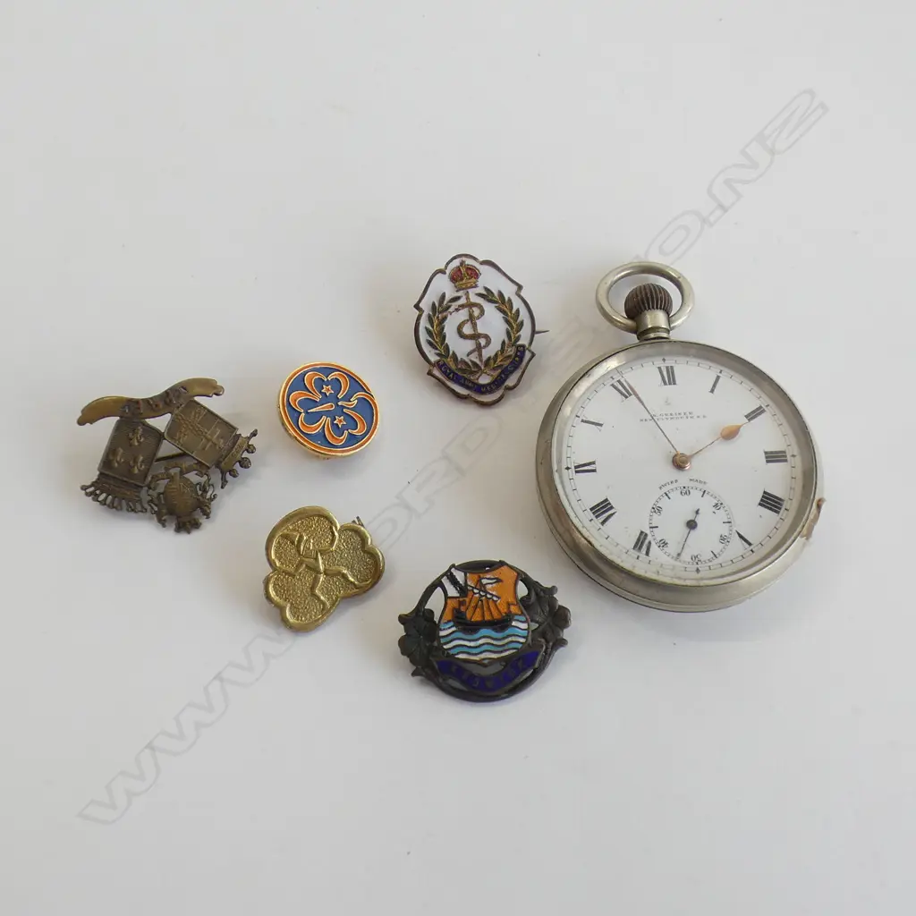 BAG OLD BADGES & NZ MADE POCKET WATCH  Image 1++