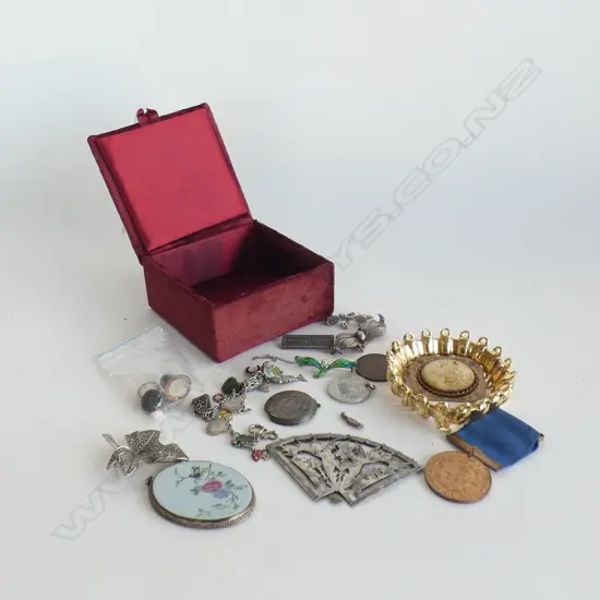 RED VELVET BOX OF ASST. JEWELLERY; 800 SILVER CHARM BRACELET, STG BROOCHES ETC