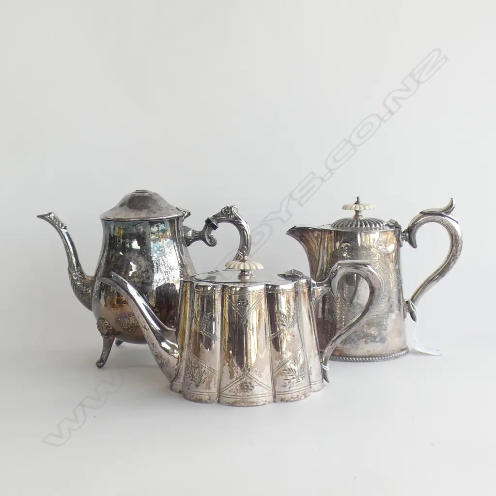 VINTAGE SILVER PLATE; 2 COFFEE POTS (1 LID HANDLE A/F) + TEAPOT Image 1++