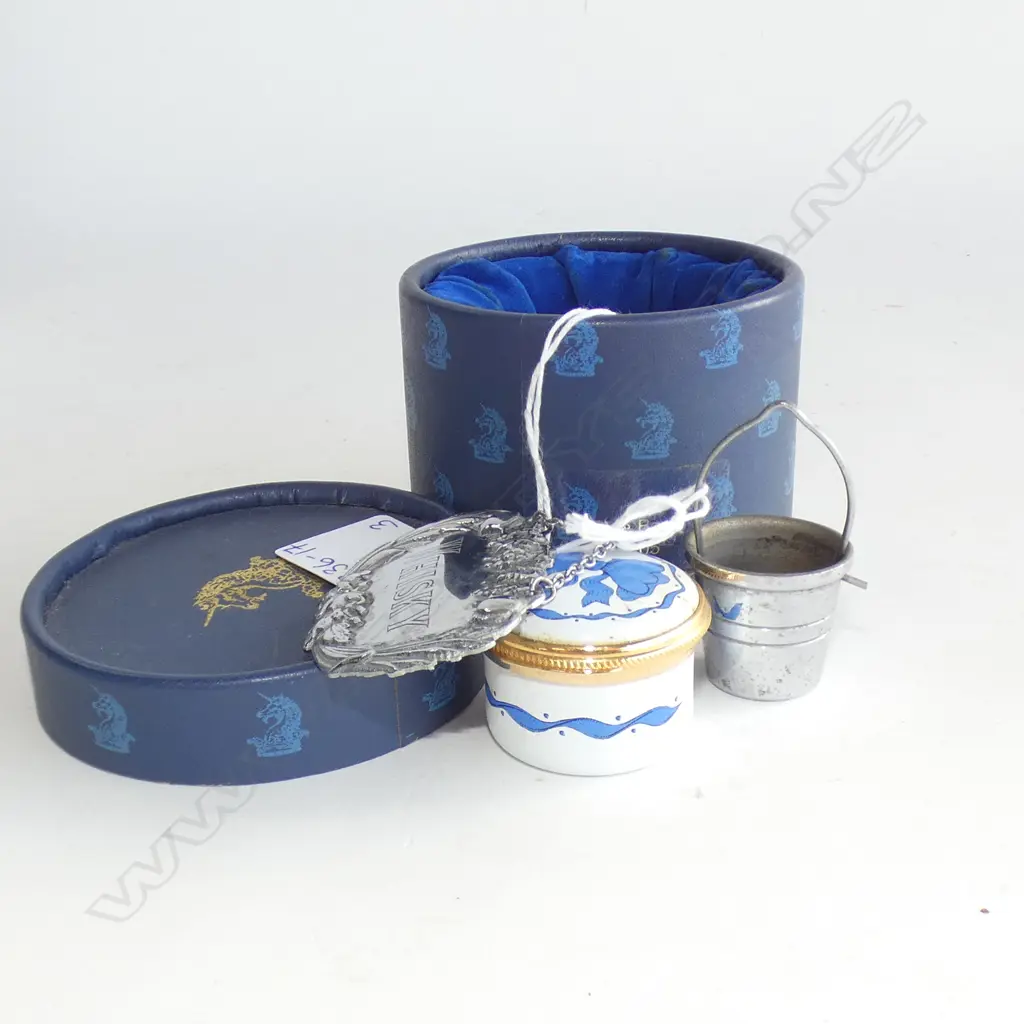 MINIATURE SILVER PLATE BUCKET + WHISKY BOTTLE TAG & ENAMEL TRINKET BOX WITH ORIGINAL BOX Image 1++