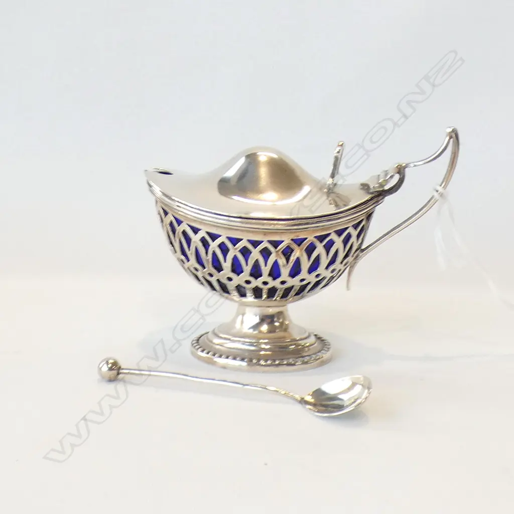 SILVER MUSTARD POT WITH LINER AND SPOON BIRMINGHAM 1897 Image 1++