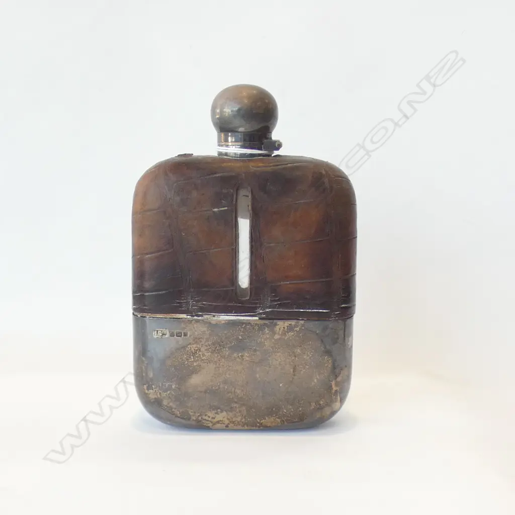STG SILVER & LEATHER HIP FLASK 136 GRAMS SILVER.... Image 1++