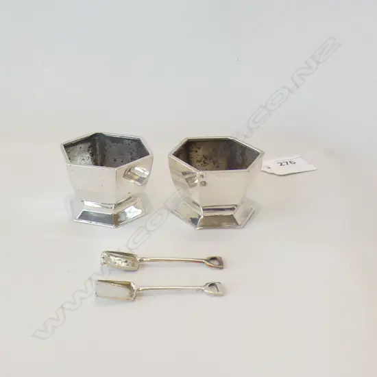 PAIR SILVER SALTS WITH SILVER PLATE MINI SHOVELS BIRMINGHAM 1916