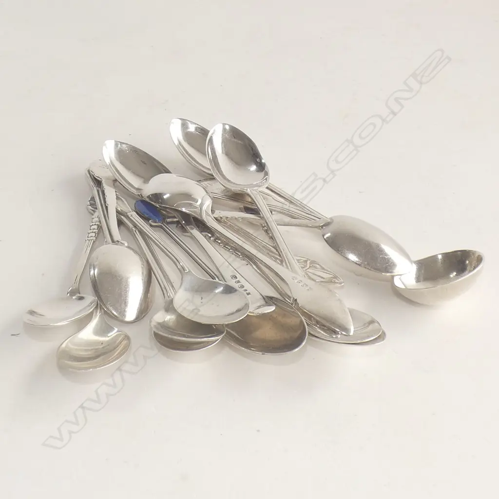 12 ASST. STG SILVER TEA SPOONS (103 GRAMS) + 5 EP SPOONS Image 1++