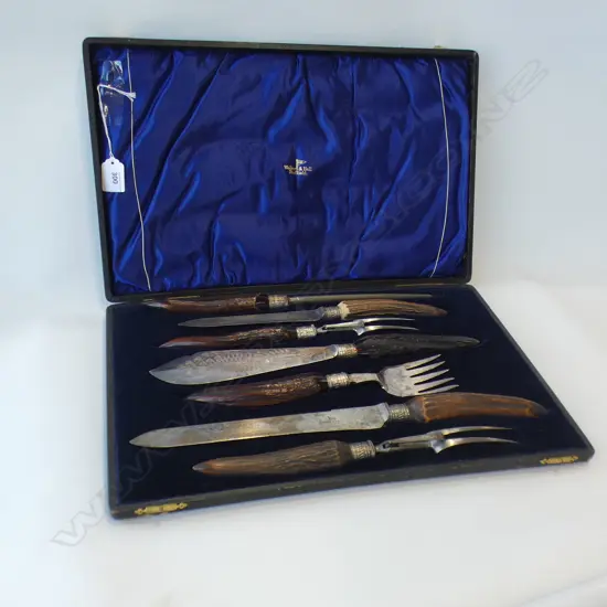 VICTORIAN ANTLER HANDLED CARVING SET - BOXED