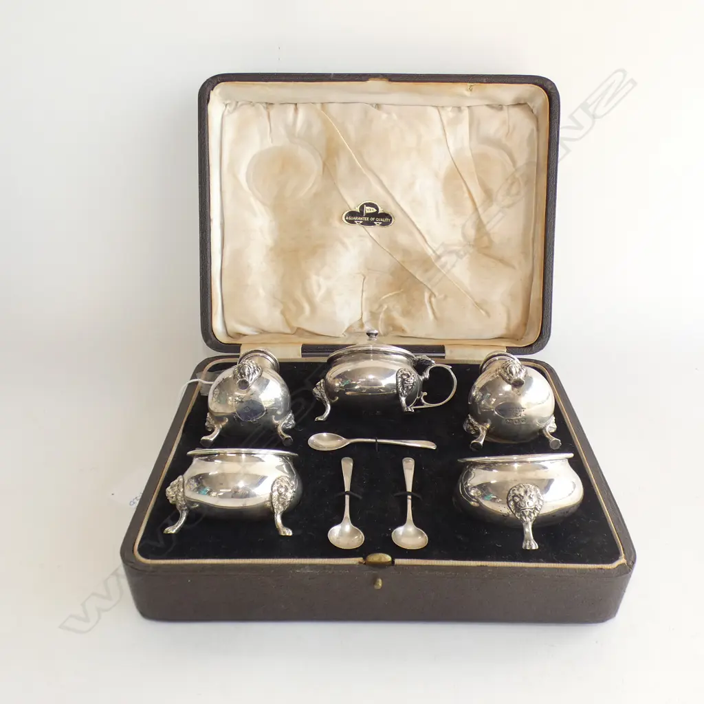 BOXED STG SILVER CRUET SET; S&P SHAKERS, 2 BLUE GLASS LINED POTS, 1 LIDDED POT & 3 SPOONS - LONDON 1951 343GMS... Image 1++