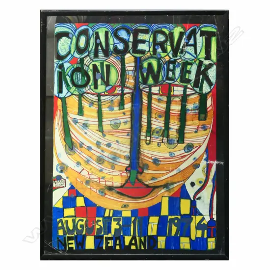 HUNDERTWASSER CONSERVATION WEEK POSTER 1974, FRAMED, SOME CREASING, 800 X 530mm,
