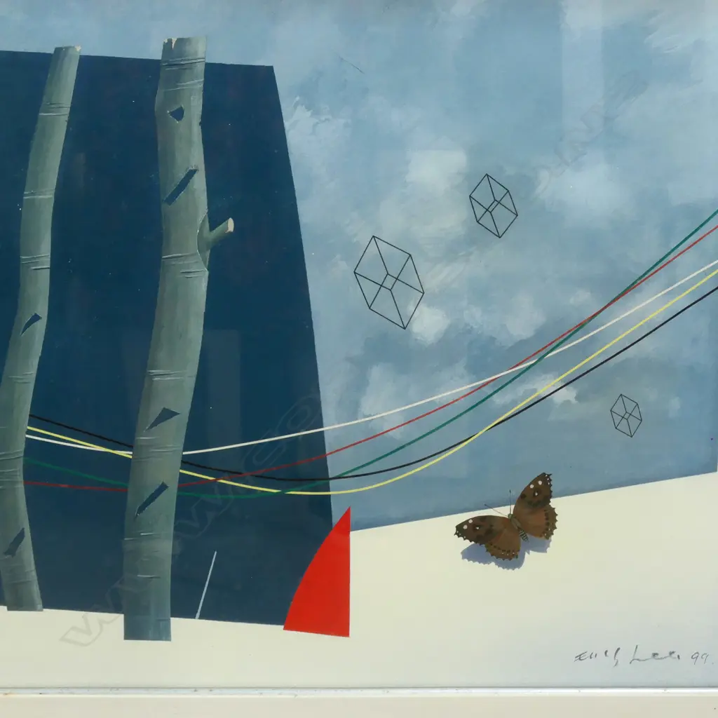 LG ACRYLIC ON CANVAS, BUTTERFLY & CLOTHES LINE, SIGNED ERIC LEE(?) '99. 830 x 970mm (INCL. FRAME) Image 1++