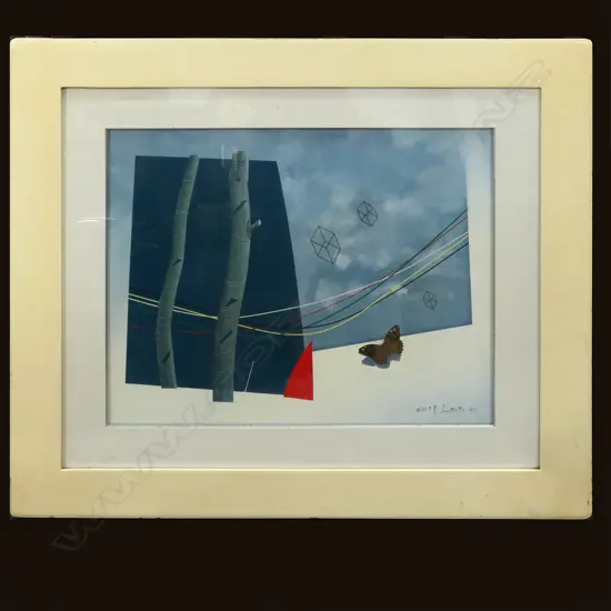 LG ACRYLIC ON CANVAS, BUTTERFLY & CLOTHES LINE, SIGNED ERIC LEE(?) '99. 830 x 970mm (INCL. FRAME)