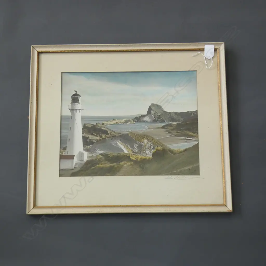 VINTAGE CASTLEPOINT LIGHTHOUSE ARTHUR RICHARDSON HANDCOLOURED PHOTOGRAPH 280x355mm Image 1++