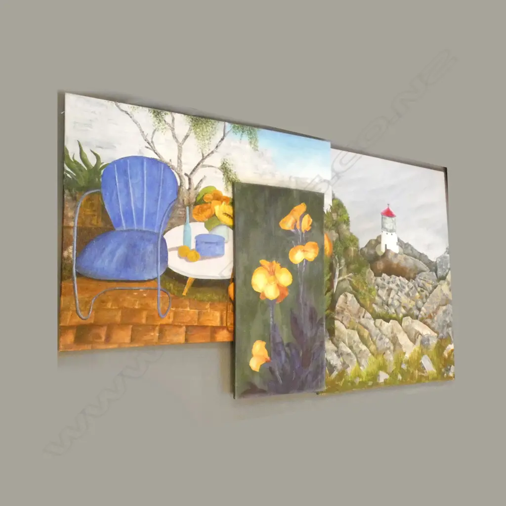 3 LARGE ARTWORKS; LIGHTHOUSE, FLOWERS & PATIO SCENE 800x1000mm Image 1++
