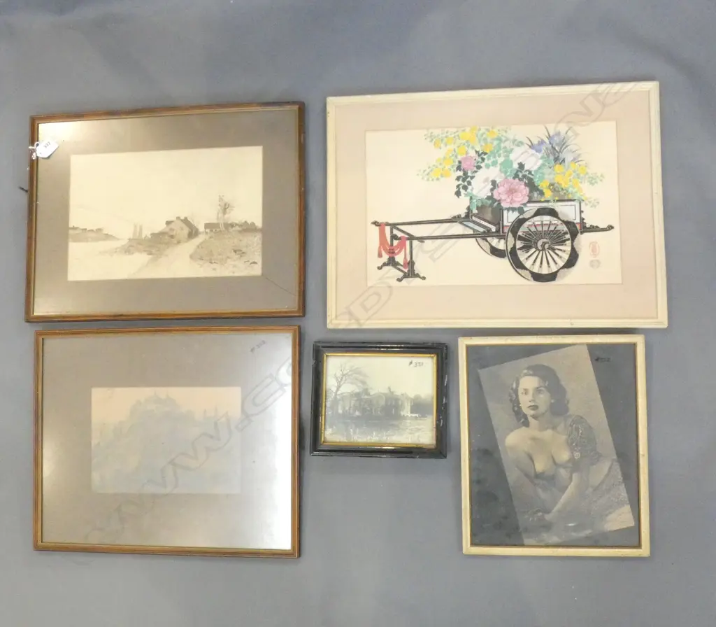 5 VINTAGE FRAMED PHOTOS/ WOOD BLOCK PRINT ETC. INCL NUDE LADY  Image 1++