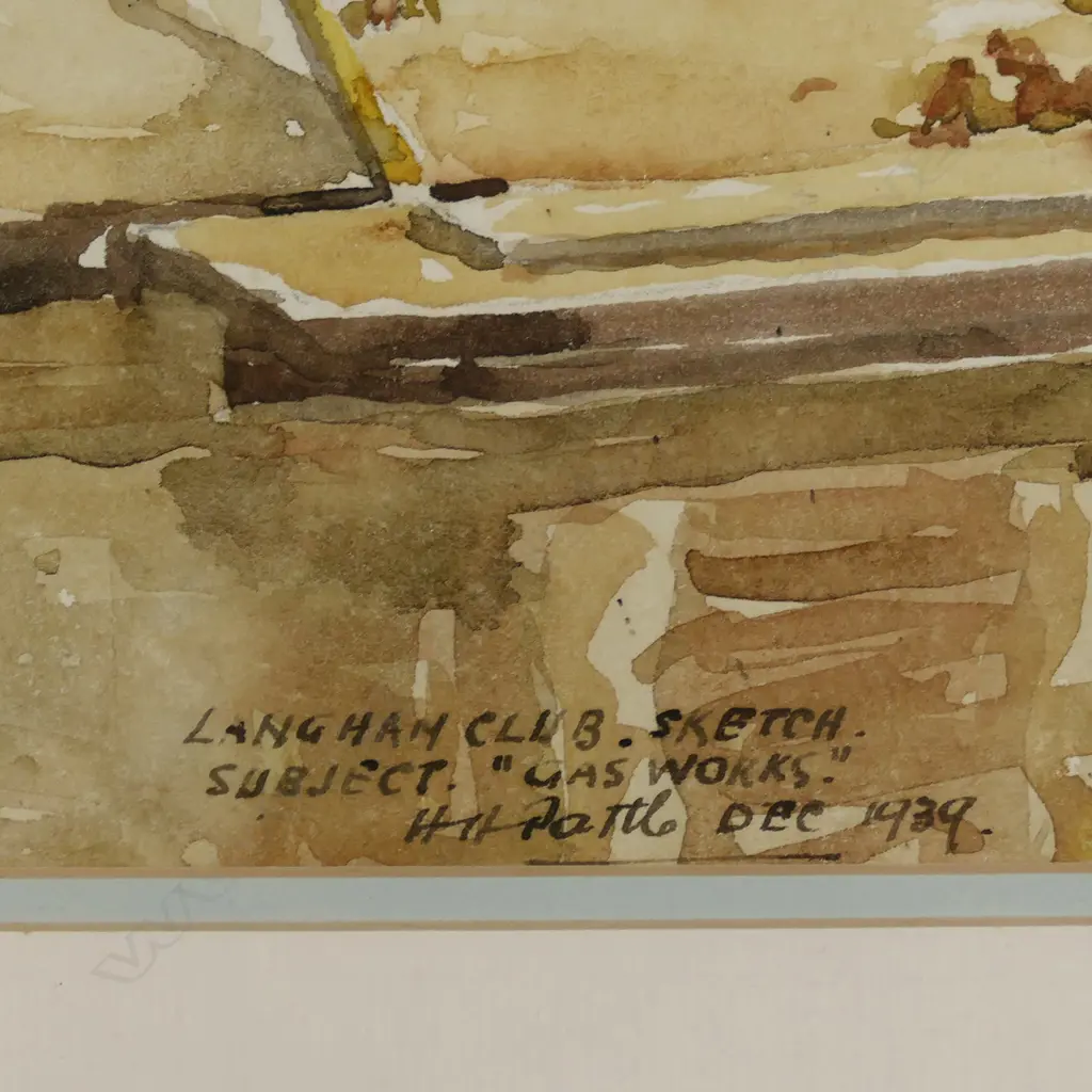 HARRY HAMISH PATTLE, LANGHAN CLUB SKETCH, GASWORKS, 1939, WATERCOLOUR. 320  x 220mm Image 1++