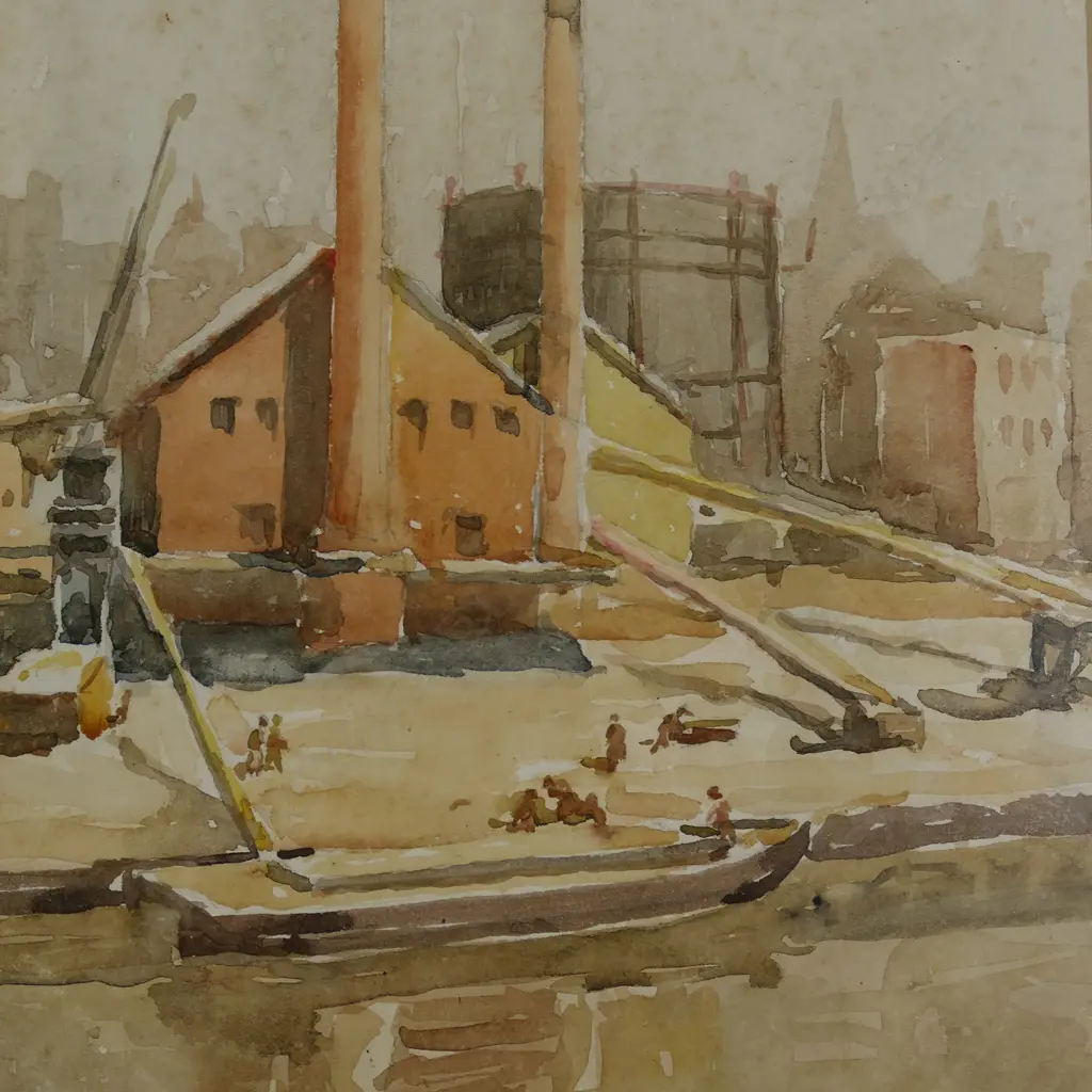 HARRY HAMISH PATTLE, LANGHAN CLUB SKETCH, GASWORKS, 1939, WATERCOLOUR. 320  x 220mm Image 1++