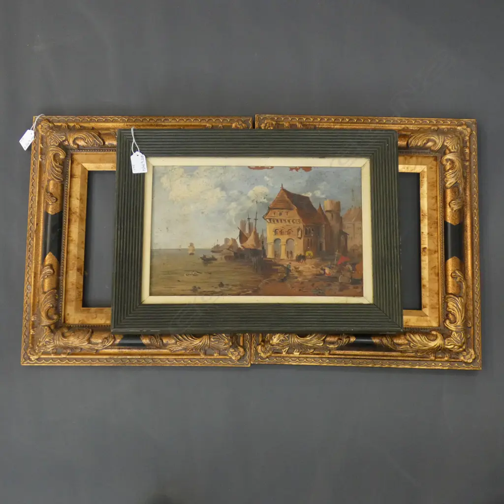 2 GILT FRAMES + VINTAGE ARTWORK PORT SCENE OIL 220x350mm Image 1++