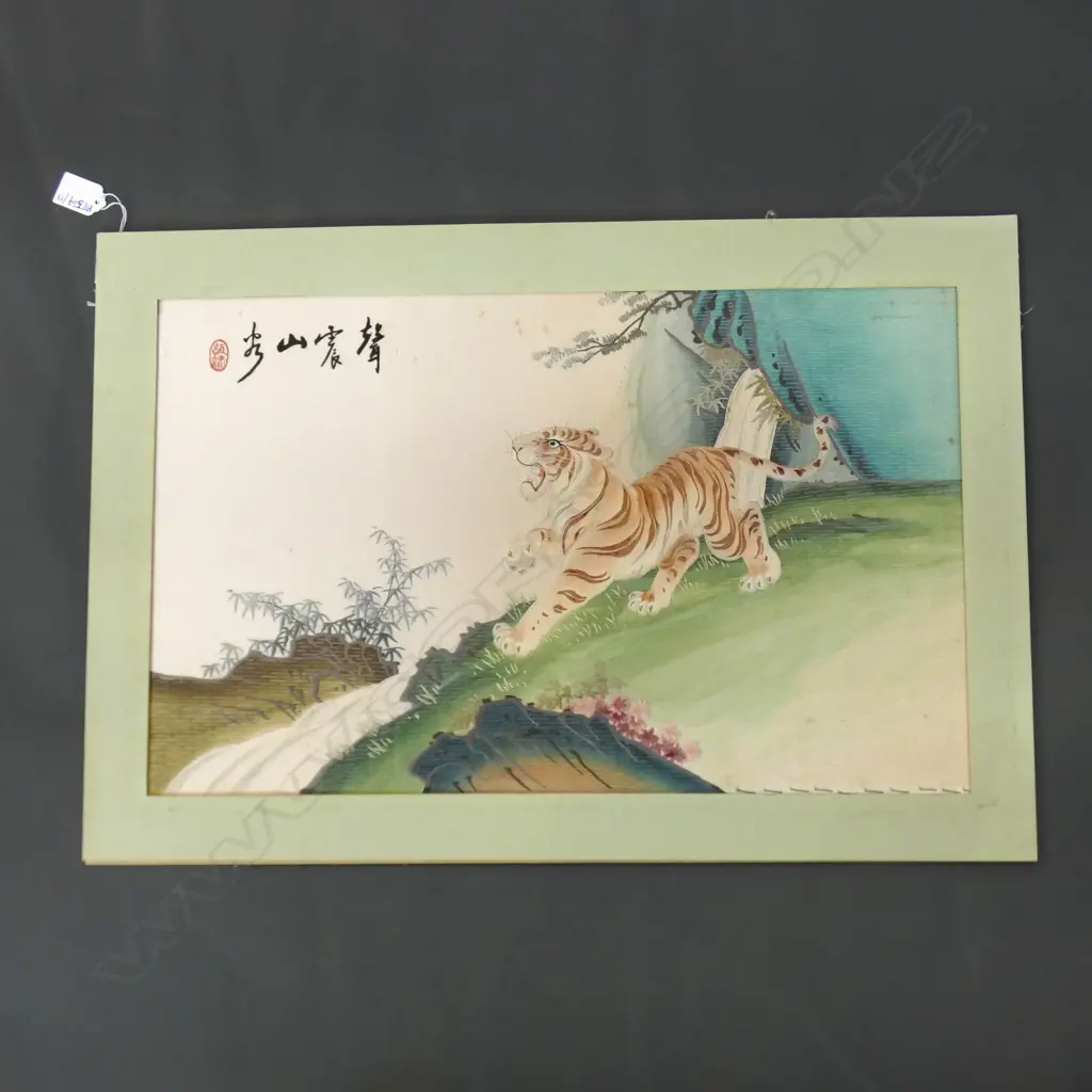 CHINESE PAINTED & EMBROIDED SILK TIGER ARTWORK 350x560mm Image 1++