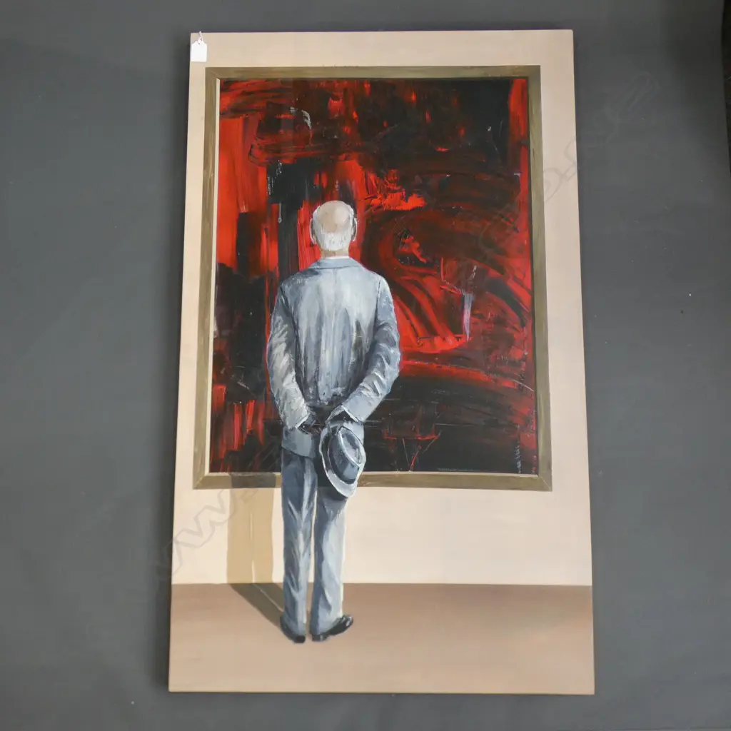 ARTIST UNKNOWN MAN IN FRONT OF MODERN RED PAINTING ACRYLIC 1000x600mm Image 1++
