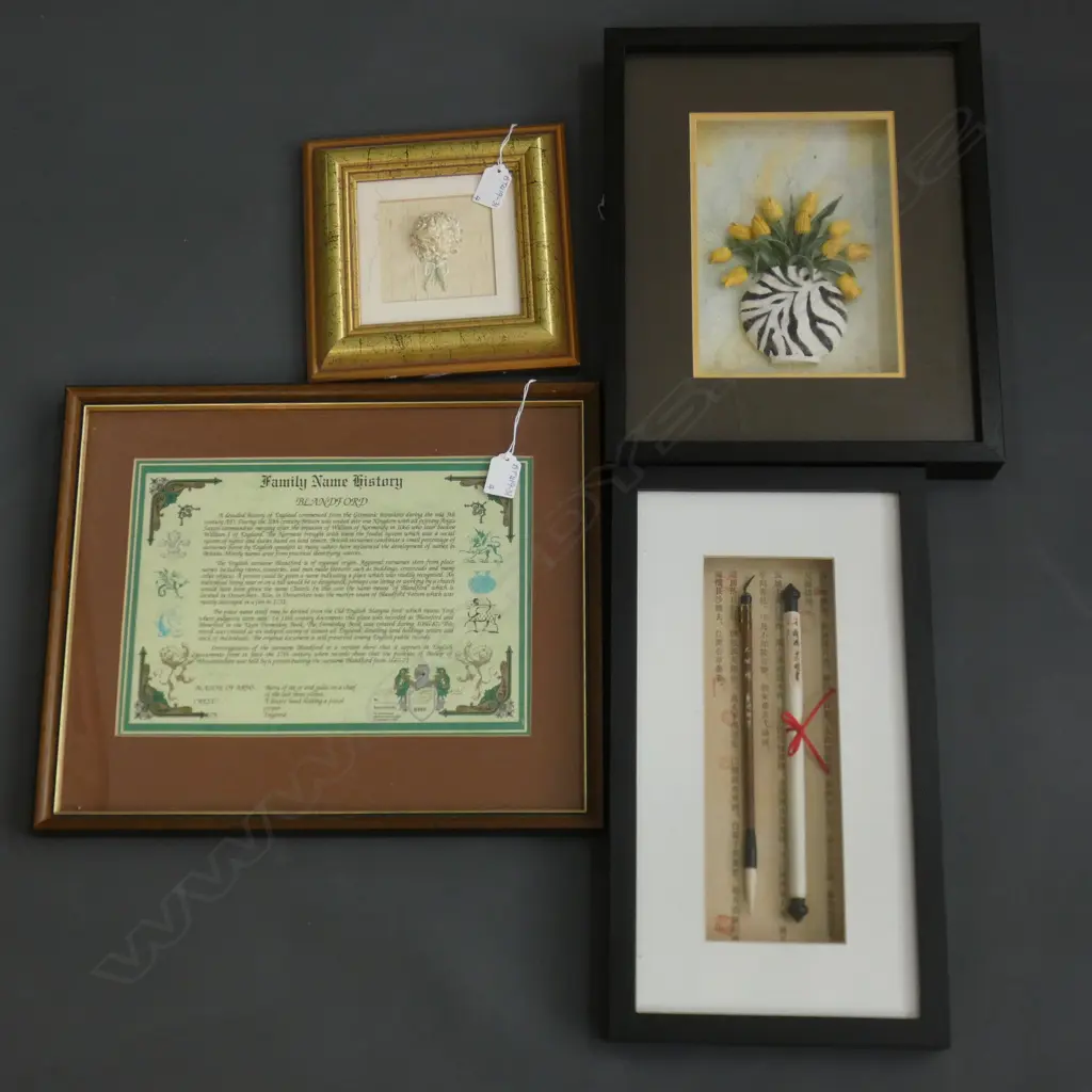 4 FRAMED ART PRINT / 3D FLOWERS & FRAMED ORIENTAL CALLIGRAPHY BRUSHES (LARGEST 310 X 320MM) Image 1++
