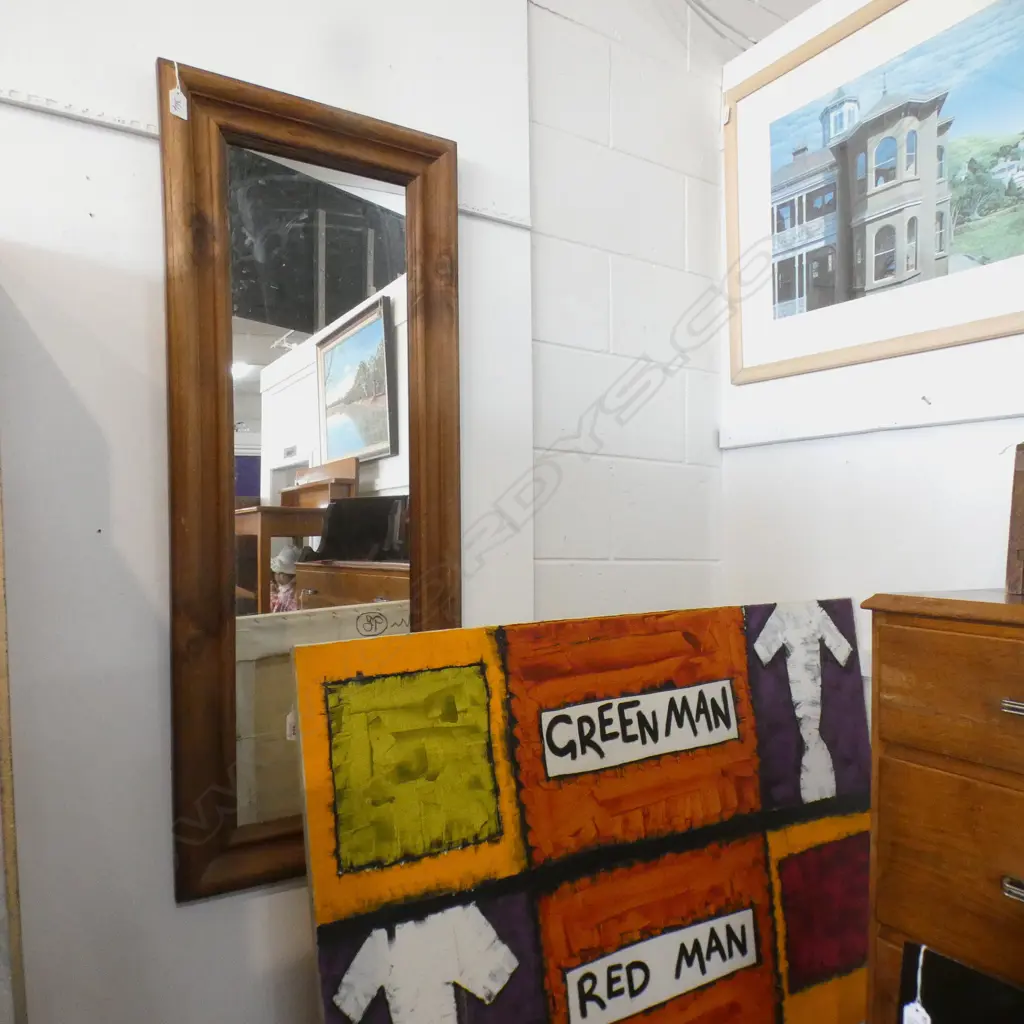 WOOD FRAMED DRESSING MIRROR 1150x455mm +SIGNED ACRYLIC ARTWORK 'GREEN MAN / RED MAN' 710x1010mm AF  Image 1++