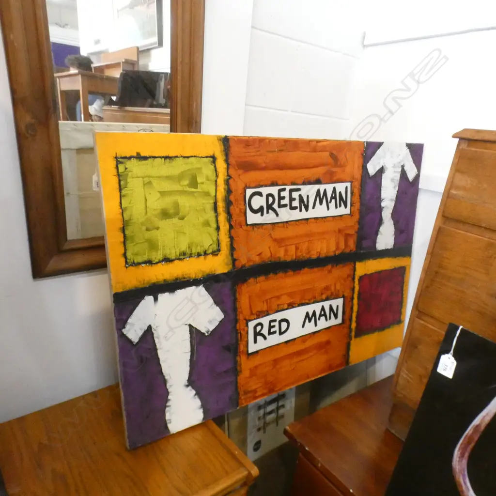 WOOD FRAMED DRESSING MIRROR 1150x455mm +SIGNED ACRYLIC ARTWORK 'GREEN MAN / RED MAN' 710x1010mm AF  Image 1++